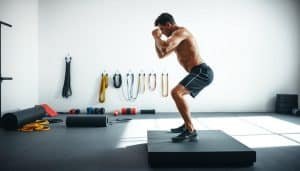 A brightly lit, high-resolution studio photograph showcasing a functional movement screen setup. In the foreground, a male athlete stands on a square platform, performing a deep squat exercise, his form and posture captured in vivid detail. The middle ground features an array of resistance bands, foam rollers, and other movement screening tools meticulously arranged. In the background, a clean, minimalist white wall provides a clean, professional backdrop, highlighting the clinical and analytical nature of the scene. Soft, directional lighting casts long shadows, emphasizing the subject's movements and the overall precision of the setup. The overall mood is one of clinical analysis, with a focus on assessing and optimizing the athlete's movement patterns.