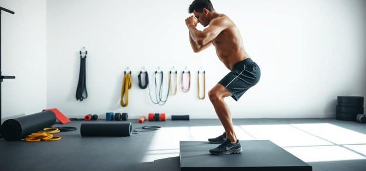 A brightly lit, high-resolution studio photograph showcasing a functional movement screen setup. In the foreground, a male athlete stands on a square platform, performing a deep squat exercise, his form and posture captured in vivid detail. The middle ground features an array of resistance bands, foam rollers, and other movement screening tools meticulously arranged. In the background, a clean, minimalist white wall provides a clean, professional backdrop, highlighting the clinical and analytical nature of the scene. Soft, directional lighting casts long shadows, emphasizing the subject's movements and the overall precision of the setup. The overall mood is one of clinical analysis, with a focus on assessing and optimizing the athlete's movement patterns.