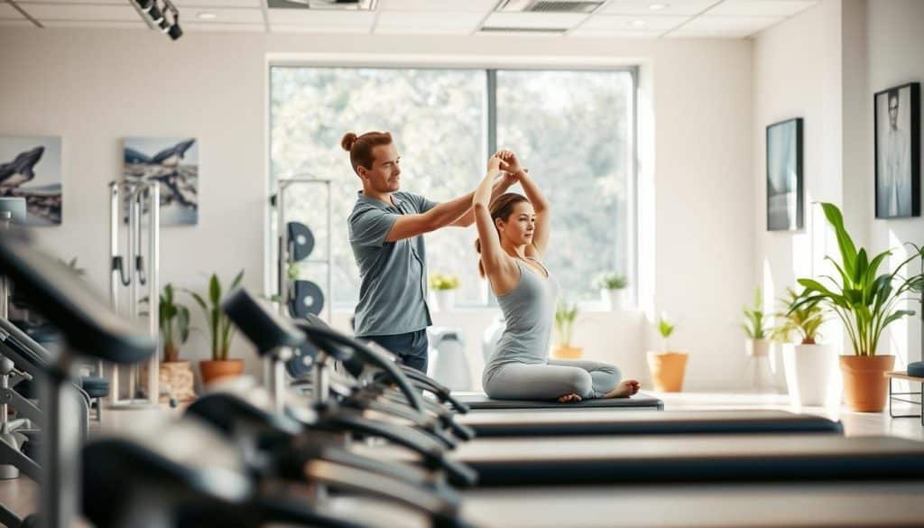 A brightly lit medical clinic interior, with modern equipment and therapeutic devices arranged neatly in the foreground. In the middle ground, a physical therapist assists a patient performing stretching exercises, their expressions focused and attentive. The background showcases a serene, nature-inspired decor, with potted plants and soothing artwork on the walls, conveying a sense of tranquility and professionalism. The overall scene emphasizes the importance of proper technique, safety, and a well-designed therapeutic environment in sports therapy, underscoring the need for liability awareness.