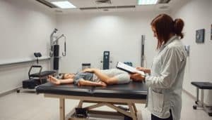 A brightly lit medical examination room with a patient lying on a padded table, surrounded by a physical therapist and various rehabilitation equipment. The therapist is carefully evaluating the patient's range of motion, muscle strength, and posture, making notes on a clipboard. The room has clean, white walls and a tile floor, conveying a professional, clinical atmosphere. Soft, diffused lighting from overhead fixtures creates a calming, welcoming environment. The scene captures the initial assessment stage of a sports therapy consultation, setting the stage for the patient's recovery and rehabilitation journey.