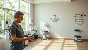 A clinical assessment room with natural lighting filtering through large windows. In the foreground, a physical therapist reviews a patient's progress, analyzing assessment data on a digital tablet. The middle ground features various diagnostic tools and exercise equipment, conveying a sense of personalized, holistic care. The background showcases inspirational wall art and motivational quotes, creating a calming, goal-oriented atmosphere. The scene radiates professionalism, empathy, and a commitment to tailored treatment plans that empower the patient's recovery journey.