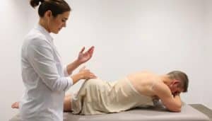 A clinical demonstration of neural tension testing techniques, captured in a clean, well-lit studio setting. The foreground features a physical therapist carefully assessing a patient's neural mobility, using gentle stretching and palpation. The middle ground showcases the patient's relaxed, cooperative pose, enabling the thorough examination. The background maintains a neutral, uncluttered space, allowing the technical focus to remain on the nuanced manual assessment. Soft, directional lighting accentuates the therapist's attentive movements and the patient's responsive body language, conveying the precision and care inherent in this specialized diagnostic process.