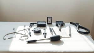 A clinical examination table against a clean, white backdrop. On the table, an assortment of medical evaluation tools commonly used in sports therapy, including a goniometer, reflex hammer, pressure algometer, and pain rating scales. The tools are arranged neatly, casting soft shadows on the table's surface. The lighting is natural and diffused, creating a calm, professional atmosphere. The focus is sharp, highlighting the details of each instrument. The overall composition emphasizes the tools' purpose in assessing and managing sports-related injuries and pain.