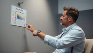 A clinical sports medicine setting with an athlete seated, discussing the pain scale with a physical therapist. The therapist points to a visual pain scale chart on the wall, carefully explaining the levels to the attentive athlete. Soft, diffused lighting illuminates the scene, creating an atmosphere of professional care and patient education. The athlete's face conveys a mixture of understanding and focus, as they learn to accurately communicate their pain levels for effective treatment. The background is blurred, placing emphasis on the central interaction between the therapist and athlete.