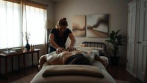 A cozy, dimly lit massage studio with soft, diffused lighting. In the foreground, a massage therapist's hands gently kneading the muscles of an athlete's lower back, relieving tension and soreness. The athlete lies on a plush massage table, their face obscured, focused on relaxation. In the middle ground, various massage oils and therapy tools are arranged neatly on a side table. The background features calming, abstract wall art and subtle, earthy tones, creating a serene, tranquil atmosphere that promotes healing and restoration.