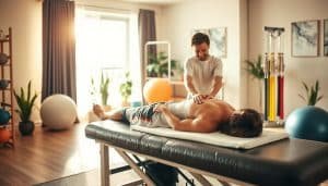 A cozy sports therapy session, bathed in warm, natural lighting. In the foreground, a patient reclines on a padded table, their muscles being gently massaged by a skilled physical therapist. In the middle ground, various rehabilitation equipment, from exercise balls to resistance bands, stands ready to aid in the recovery process. The background reveals a serene, calming environment - perhaps with potted plants, soothing artwork, and a tranquil atmosphere that instills a sense of comfort and healing. The overall scene exudes a feeling of personal attention, care, and the promise of a successful journey towards rehabilitation and renewed physical well-being.