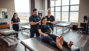 A cozy, well-equipped physical therapy clinic in Calgary, Alberta, showcasing the expertise of its dedicated staff. In the foreground, two physiotherapists guide a patient through gentle exercises, their faces exuding warmth and professionalism. The middle ground features modern, ergonomic treatment tables and state-of-the-art rehabilitation equipment, creating an atmosphere of comfort and care. The background depicts a serene landscape, with large windows allowing natural light to flood the space, evoking a sense of tranquility and healing. The overall scene conveys the high-quality, personalized sports therapy services offered at Riverside Sports Therapy, a trusted provider in the Calgary community.