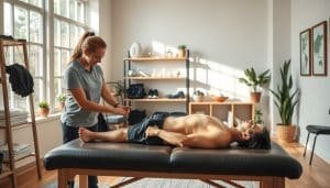 A cozy, well-equipped sports therapy clinic. In the foreground, a patient lies on a padded treatment table, receiving a targeted massage from a caring, attentive therapist. Soft, natural lighting filters in through large windows, creating a serene, relaxing atmosphere. Shelves in the middle ground hold an array of sports-related equipment and rehabilitation tools. The background features soothing, nature-inspired decor, with potted plants and framed artwork on the walls, conveying a sense of tranquility and healing. The overall scene exudes professionalism, comfort, and the expectation of a transformative sports therapy experience.