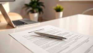 A crisp, well-lit photograph of sports therapy waiver guidelines displayed on a clean, minimalist desk. The foreground features the waiver document laid out with a modern pen and a subtle, muted color palette. The middle ground showcases a neutral office environment with a laptop, potted plant, and other professional accoutrements. The background blurs into a soft, out-of-focus scene, creating a calm, focused atmosphere. Warm, natural lighting casts a subtle glow, emphasizing the importance and seriousness of the waiver document. The overall composition conveys a sense of professionalism, attention to detail, and the need to carefully review the liability guidelines before signing.