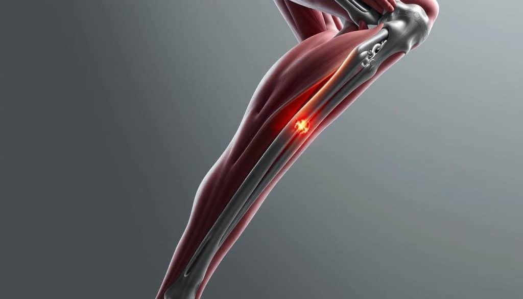 A cross-section of the human leg and hip, showcasing the intricate network of muscles, tendons, and joints responsible for energy dissipation during high-impact sports. Detailed anatomical rendering with a focus on the shock-absorbing components, including the femur, patella, and Achilles tendon. Rendered in a medical illustration style, with muted colors and subtle lighting to emphasize the structural elements. The composition highlights the biomechanics of force absorption, providing a visually engaging representation of the "Sports Physiology Behind Impact Management".