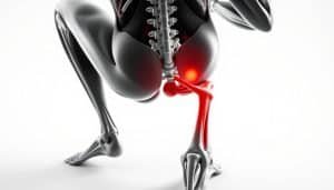 A detailed anatomical diagram showcasing the key musculoskeletal structures involved in sports-related pain. Against a clean, clinical white backdrop, a three-quarter view of the human form is depicted in high-contrast monochrome, with the muscles, bones, and connective tissues highlighted in vivid detail. The perspective emphasizes the interplay between these integral components, inviting the viewer to better understand the complex biomechanical factors that contribute to athletic injuries and discomfort. Subtle shadows and precise lighting accentuate the depth and volume of the anatomical features, creating a sense of depth and technical precision. The overall mood is one of scientific study and functional understanding, reflecting the educational purpose of the illustration.