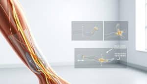 A detailed anatomical illustration of neural mobilization techniques, showcasing the biomechanics and range of motion involved in various nerve gliding exercises. The foreground depicts a clear, close-up view of a human limb, with the skin partially transparent to reveal the underlying nerves, muscles, and connective tissues. The middle ground highlights the dynamic movements and stretching motions used to gently mobilize the neural structures, with arrows and annotations indicating the direction and degree of movement. The background features a minimalist, clinical setting with soft, diffused lighting to emphasize the technical and therapeutic nature of the techniques. The overall mood is one of precision, education, and the promotion of healthy, pain-free neural function.