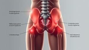A detailed anatomical illustration of the pelvic region, showcasing the key indicators of pelvic imbalance. A central view of the pelvis, hips, and lower spine, rendered in a clinical, scientific style with muted colors and precise linework. Subtle highlights draw attention to areas of misalignment, muscle imbalance, and postural distortion. The lighting is soft and even, casting gentle shadows to accentuate the underlying structures. The composition is balanced, with the pelvic region occupying the focal point, surrounded by negative space to emphasize the diagnostic nature of the image. An educational, informative visual aid to help athletes recognize the warning signs of pelvic dysfunction.