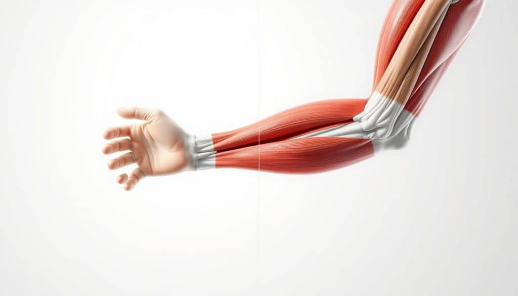 A detailed anatomical illustration showcasing the concentric and eccentric phases of muscle contraction. The foreground depicts a human limb in cross-section, highlighting the underlying muscle fibers and tendons. The muscles are shown contracting concentrically on the left and eccentrically on the right, with clear visual cues to distinguish the two actions. The middle ground features a clean, white background with subtle grid lines to provide spatial context. The background subtly fades into a muted, neutral color scheme, allowing the muscle mechanics to be the focal point. Crisp, high-resolution rendering with realistic shading and textures, illuminated by soft, diffused lighting to convey a sense of depth and three-dimensionality.