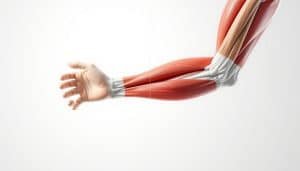 A detailed anatomical illustration showcasing the concentric and eccentric phases of muscle contraction. The foreground depicts a human limb in cross-section, highlighting the underlying muscle fibers and tendons. The muscles are shown contracting concentrically on the left and eccentrically on the right, with clear visual cues to distinguish the two actions. The middle ground features a clean, white background with subtle grid lines to provide spatial context. The background subtly fades into a muted, neutral color scheme, allowing the muscle mechanics to be the focal point. Crisp, high-resolution rendering with realistic shading and textures, illuminated by soft, diffused lighting to convey a sense of depth and three-dimensionality.