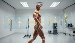 A detailed biomechanical analysis of functional movement patterns, showcasing the interconnected nature of the kinetic chain. In the foreground, a human figure in motion, muscles and joints highlighted, demonstrating proper form and technique. In the middle ground, overlaid diagrams and data visualizations analyzing joint angles, force vectors, and load distribution. The background features a clean, minimalist laboratory environment, with specialized equipment and measurement sensors capturing the subject's movements. Crisp, high-contrast lighting accentuates the subject's musculature and the precision of the biomechanical analysis, conveying a sense of scientific rigor and athletic performance optimization.