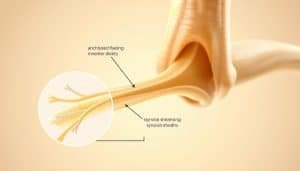 A detailed cross-section of the human nerve anatomy, showcasing the intricate mechanisms behind nerve gliding. In the foreground, a magnified view of the nerve fibers, sheathed in a translucent myelin layer, gently sliding through the surrounding connective tissue. In the middle ground, the fascial planes and synovial sheaths that allow for smooth nerve excursion, captured in a crisp, high-resolution illustration. The background features a softly-lit, minimalist backdrop, allowing the technical details to take center stage. Rendered with a subtle, warm color palette and precise anatomical accuracy, this image aims to elucidate the complex biomechanics of nerve dynamics.