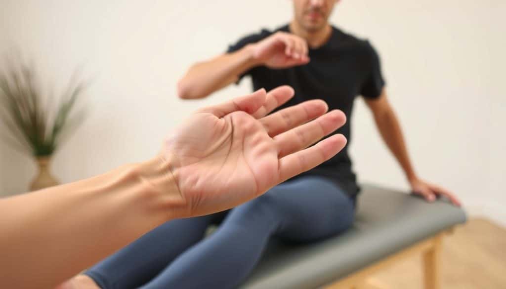 A detailed demonstration of nerve gliding techniques for pain management. In the foreground, a close-up view of a hand gently stretching and sliding the median nerve, with anatomical precision. In the middle ground, a person performing a seated neural mobilization exercise, their body in fluid motion. The background depicts a soothing, minimalist therapy setting with soft lighting and calming colors, conveying the tranquil atmosphere of a physical therapy session. The image captures the delicate, controlled movements and the importance of neural mobilization in addressing musculoskeletal pain and dysfunction.