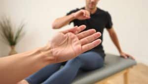 A detailed demonstration of nerve gliding techniques for pain management. In the foreground, a close-up view of a hand gently stretching and sliding the median nerve, with anatomical precision. In the middle ground, a person performing a seated neural mobilization exercise, their body in fluid motion. The background depicts a soothing, minimalist therapy setting with soft lighting and calming colors, conveying the tranquil atmosphere of a physical therapy session. The image captures the delicate, controlled movements and the importance of neural mobilization in addressing musculoskeletal pain and dysfunction.