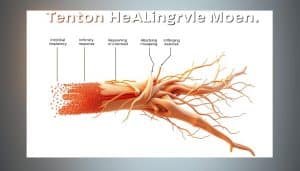A detailed diagram showcasing the tendon healing continuum model, rendered with photorealistic precision. In the foreground, a high-contrast illustration depicts the various stages of tendon healing, from the initial inflammatory response to the final remodeling phase, presented against a clean, white backdrop. The middle ground features a complex network of tendons, ligaments, and surrounding tissue, captured with meticulous anatomical accuracy under warm, directional lighting. In the background, a muted color palette of greys and blues conveys a sense of scientific study, complementing the technical nature of the subject matter. The overall composition emphasizes the interconnected nature of the tendon healing process, inviting the viewer to explore the intricate details of this dynamic biological system.