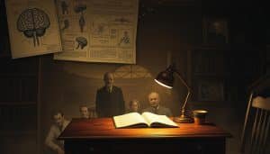 A detailed historical illustration of classic motor control theories in rehabilitation, showcased in a dimly lit, vintage-inspired setting. In the foreground, anatomical diagrams and schematics float above an antique wooden desk, illuminated by the warm glow of a single desk lamp. In the middle ground, ghostly figures of pioneering researchers and clinicians peer over the desk, their expressions contemplative. The background fades into a hazy, sepia-toned landscape, evoking a sense of timelessness and the evolution of our understanding of human movement. The overall atmosphere is one of scholarly exploration, historical significance, and the enduring pursuit of knowledge in the field of motor rehabilitation.