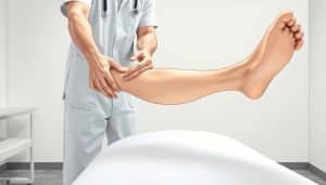 A detailed illustration of a neural tension assessment procedure. In the foreground, a patient's leg is carefully extended by a healthcare professional, their hands gently guiding the movement. The patient's face expresses a subtle discomfort, conveying the tension being assessed. In the middle ground, a medical examination table provides the setting, its clean, clinical appearance lending an atmosphere of professionalism. The background features a neutral, softly lit environment, allowing the focus to remain on the central action. Crisp, high-resolution rendering with realistic lighting and shadowing to capture the nuances of the technique.