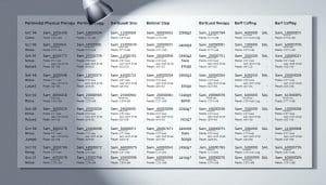 A detailed illustration of various physical therapy billing codes, neatly organized on a clean, minimalist background. The codes are displayed in a grid layout, with clear, legible text and strategic use of color to highlight key information. Subtle lighting from the top left casts a soft, professional glow, accentuating the precision and clarity of the data. The overall tone is informative, practical, and visually appealing, reflecting the subject matter of a sports therapy insurance coding guide.