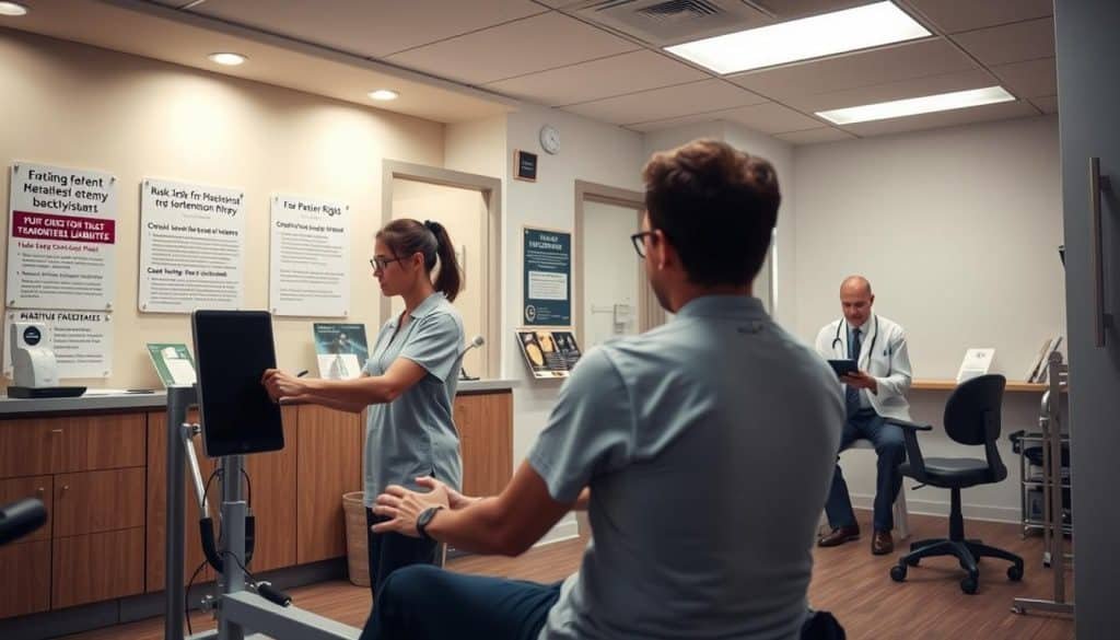 A detailed scene of physical therapy liability factors in a modern medical clinic. In the foreground, a physical therapist assists a patient with exercise equipment, showcasing the risks of improper technique or supervision. In the middle ground, the clinic's reception area features signage and brochures highlighting legal considerations and patient rights. The background depicts an examination room, with a physician reviewing patient records under the soft glow of recessed lighting. The overall mood conveys a sense of professionalism and the need for diligent risk management in the provision of physical therapy services.