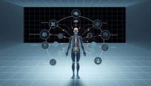 A detailed systems model showcasing the interconnected rehabilitation approaches, captured in a sleek, technical illustration. The foreground features a central human figure with various sensory inputs and motor outputs, surrounded by interconnected elements representing physiological, psychological, and environmental factors. The middle ground displays arrows and lines illustrating the complex feedback loops and multidirectional interactions between these systems. The background depicts a minimalist, high-contrast grid or wireframe, creating a sense of structure and organization. The lighting is soft and directional, emphasizing the subject's depth and dimensionality. The overall tone is professional, educational, and visually engaging, suitable for the article's focus on integrative rehabilitation principles.