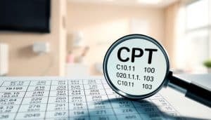 A detailed, technical illustration of CPT code reimbursement. The foreground depicts a series of medical codes and numerical values, arranged in a clean, organized grid layout. The middle ground shows a magnifying glass hovering over the codes, emphasizing the process of decoding and analyzing them. The background features a soft, blurred medical office setting with subtle equipment and decor, creating a professional, clinical atmosphere. The lighting is bright and directional, casting subtle shadows and highlighting the textural details of the codes and magnifying glass. The overall mood is one of precision, analysis, and healthcare financial management.