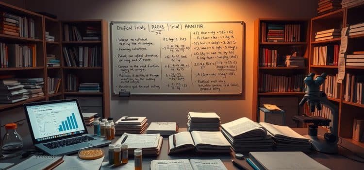 A dimly lit clinical research laboratory, with a large desk covered in medical files, notebooks, and a laptop displaying statistical charts and graphs. In the foreground, various clinical trial materials such as sample vials, petri dishes, and a microscope. The middle ground features a whiteboard with equations and formulas related to statistical analysis techniques like regression, ANOVA, and hypothesis testing. In the background, shelves filled with scientific journals and textbooks on biostatistics and epidemiology. Warm, focused lighting illuminates the scene, creating a contemplative and analytical atmosphere.