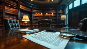 A dimly lit law office interior, with a large oak desk and plush leather chairs. On the desk, a stack of legal documents and a pen resting on top. The walls are lined with shelves of law books, casting a warm, authoritative glow. In the foreground, a sports therapy waiver form lies open, its text clearly visible, with a magnifying glass placed beside it, suggesting the close examination of its legality. The lighting is a combination of soft, diffused overhead illumination and the gentle glow of a desk lamp, creating a contemplative, professional atmosphere. The angle is a three-quarter view, drawing the viewer's attention to the key elements of the scene.