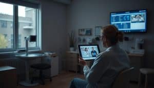 A dimly lit medical office, softly illuminated by natural light from a large window. In the foreground, a patient sits on an examination table, engaged in a video call with a healthcare provider on a tablet. Their expressions convey a sense of attentiveness and rapport. The middle ground features various medical equipment and furnishings, suggesting a professional, yet comfortable environment. In the background, a wall-mounted display showcases visualizations and data related to the patient's telehealth assessment and treatment progress. The overall atmosphere is one of thoughtful evaluation and collaborative care.