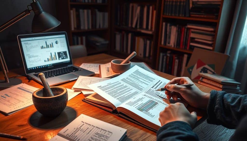 A dimly lit room, a wooden desk illuminated by a single desk lamp, casts a warm glow on scattered papers, open books, and a laptop displaying intricate charts and graphs. In the foreground, a pair of hands carefully annotate a research paper, the pages filled with highlighted passages and scribbled notes. The middle ground features a mortar and pestle, symbolizing the blending of scientific evidence and clinical expertise. In the background, a bookshelf overflows with medical journals and textbooks, hinting at the depth of knowledge required for evidence-based practice. The atmosphere is one of focused contemplation, as the researcher seeks to integrate the latest findings into their clinical decision-making process.