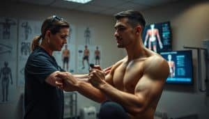 A dimly lit sports therapy clinic, the walls adorned with anatomical diagrams and rehabilitation equipment. In the foreground, a physiotherapist gently guides an athlete through a series of stretches and exercises, their movements captured in a soft, cinematic lighting. The athlete's expression is one of focused determination, their muscles tensing and relaxing as they work to restore strength and flexibility. In the background, a wall-mounted television displays a 3D animation of the human musculoskeletal system, highlighting the areas of concern and the rehabilitation process. The scene conveys a sense of expertise, care, and the start of a journey towards recovery and peak performance.
