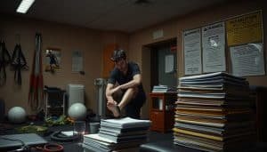 A dimly lit sports therapy clinic, with a sense of tension and risk. In the foreground, a physiotherapist examines a patient's injured ankle, their expressions serious. Scattered around the room are medical equipment, resistance bands, and other tools of the trade, hinting at the potential hazards of the profession. The middle ground features a stack of patient files, a reminder of the need for careful documentation and risk management. In the background, a bulletin board displays warning signs and liability disclaimers, casting a shadow of caution over the scene. The lighting is warm but muted, creating an atmosphere of focus and responsibility. The overall composition conveys the weight of liability considerations in the high-stakes world of sports therapy.