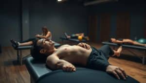 A dimly lit sports therapy clinic, with muted colors and a serene atmosphere. In the foreground, an athlete lies on a massage table, eyes closed, as a therapist gently kneads their muscles with soothing pressure. The athlete's body shows signs of fatigue, but their face conveys a sense of relief and relaxation. In the middle ground, additional athletes sit or recline on similar tables, engaging in self-myofascial release techniques using foam rollers and massage balls. The background is blurred, suggesting a focus on the therapeutic process. Soft, indirect lighting illuminates the scene, casting a warm glow and emphasizing the importance of recovery for athletic performance.