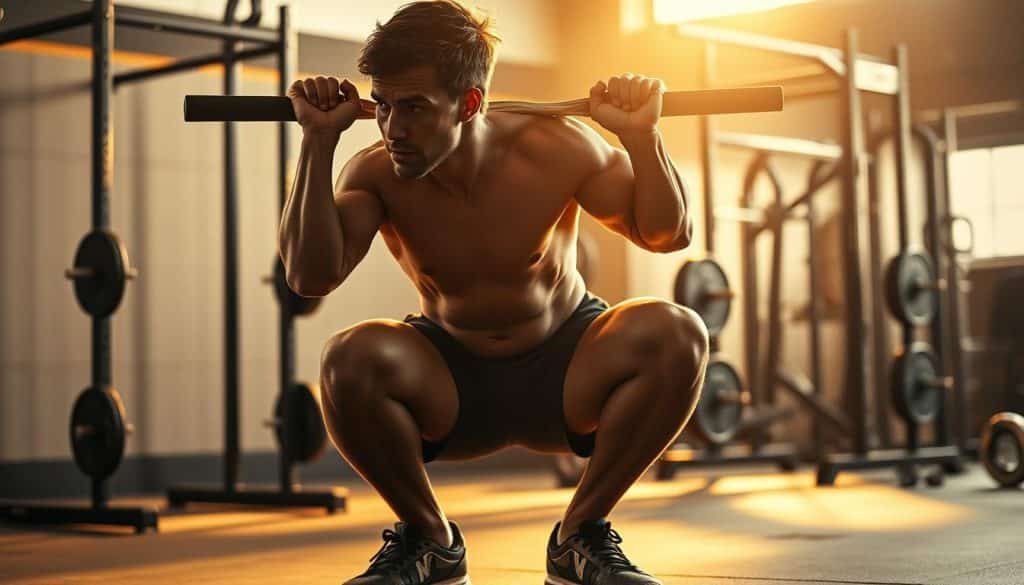 A dynamic athlete performs a powerful squat, their muscles straining against the force of gravity. The scene is bathed in warm, golden light, casting dramatic shadows and highlighting the intricate interplay of tension and release. In the background, a crisply rendered weight rack and other gym equipment suggest the setting of a high-performance training facility. The composition emphasizes the principles of force absorption, with the athlete's form and the surrounding environment working together to create a sense of athletic prowess and physical mastery.