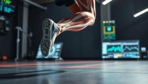 A dynamic scene of sports biomechanics injury prevention, captured in high-definition detail. In the foreground, a runner's lower body anatomy is highlighted, emphasizing the complex interplay of muscles, tendons, and joints. The middle ground showcases a slow-motion action shot, as the runner's foot lands with perfect form, distributing force evenly through the kinetic chain. In the background, an array of biomechanical sensors and analysis tools provide real-time data, guiding the athlete towards optimal performance and injury-free training. Crisp lighting, a shallow depth of field, and a subtle color palette create a contemplative, educational atmosphere, inviting the viewer to explore the science behind athletic movement.