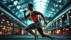 A dynamic sports performance enhancement kinetic chain, captured in a high-resolution, cinematic photograph. In the foreground, a muscular athlete in motion, their body engaging a complex series of synchronized movements. The middle ground features intricate anatomical overlays, visualizing the interconnected joints, muscles, and tendons that power the athlete's form. In the background, a blurred, futuristic sports facility, with sleek architectural lines and a sense of speed and power. Dramatic lighting casts dramatic shadows, highlighting the kinetic energy and biomechanical precision of the scene. The overall mood is one of scientific precision, athletic prowess, and the pursuit of peak human performance.