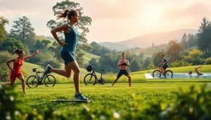 A group of athletes engaged in various active recovery exercises, surrounded by a serene, nature-inspired setting. In the foreground, a runner stretches their hamstrings, while a cyclist pedals a stationary bike, and a weightlifter performs light resistance training. In the middle ground, a yoga practitioner transitions through a series of poses, and a swimmer glides through a tranquil pool. The background features a lush, verdant landscape with rolling hills, towering trees, and a warm, diffused sunlight filtering through the foliage, creating a calming, rejuvenating atmosphere. The overall scene conveys the importance of active recovery techniques for athletes to maintain optimal physical and mental well-being.