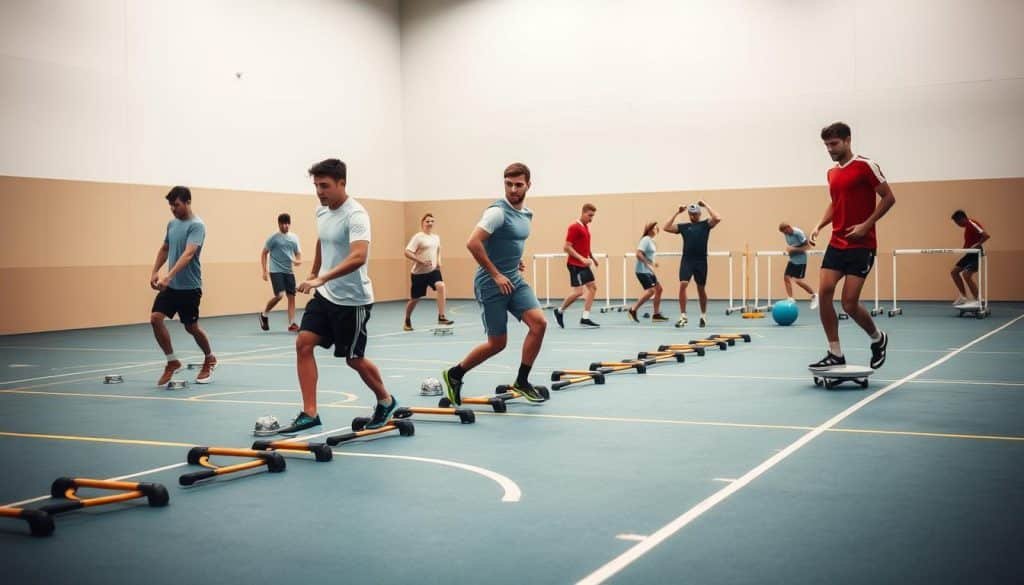 A group of athletes performing coordination drills on a well-lit indoor sports court. In the foreground, players are carefully navigating through a series of agility ladders, stepping quickly and precisely. In the middle ground, others are engaged in balance exercises, using stability balls and wobble boards to improve their proprioception. In the background, the court is lined with cones and hurdles, where athletes are practicing rapid direction changes and plyometric jumps. Soft, diffused lighting casts a warm glow, highlighting the focused expressions and dynamic movements of the training session. The overall scene conveys the importance of coordination training for optimal athletic performance.