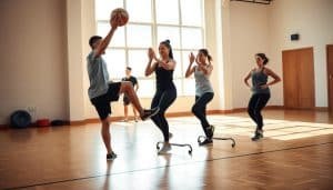 A group of athletes performing coordination exercises in a well-lit gym. In the foreground, a man balances on one leg while catching a ball, his intense focus evident. In the middle ground, two women navigate a ladder-style footwork drill, their movements fluid and synchronized. In the background, a coach observes, offering guidance and encouragement. The scene conveys a sense of dynamic energy and the pursuit of physical mastery, the subjects engaged in the precise, purposeful movements essential for sports therapy and performance enhancement.