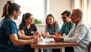 A group of healthcare professionals from diverse disciplines - a physical therapist, an occupational therapist, a sports nutritionist, and a sports psychologist - engaged in a collaborative discussion. They are seated around a table, leaning in, gesturing animatedly as they share insights and coordinate a comprehensive treatment plan for a patient. The scene is bathed in warm, natural lighting, conveying a sense of open communication, mutual respect, and a shared commitment to delivering holistic, patient-centered care. The overall atmosphere suggests a dynamic, interprofessional team working together to continually learn and improve their practice.