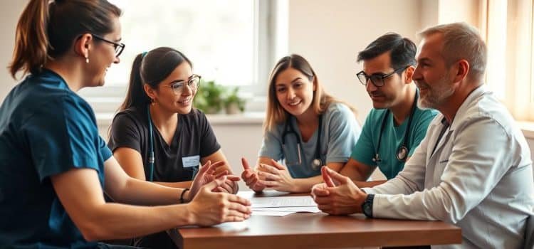 A group of healthcare professionals from diverse disciplines - a physical therapist, an occupational therapist, a sports nutritionist, and a sports psychologist - engaged in a collaborative discussion. They are seated around a table, leaning in, gesturing animatedly as they share insights and coordinate a comprehensive treatment plan for a patient. The scene is bathed in warm, natural lighting, conveying a sense of open communication, mutual respect, and a shared commitment to delivering holistic, patient-centered care. The overall atmosphere suggests a dynamic, interprofessional team working together to continually learn and improve their practice.