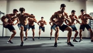 A group of muscular athletes performing a series of synchronized exercises, highlighting the kinetic chain concept. The foreground features a dynamic sequence of movements, such as squats, lunges, and core rotations, with a strong focus on full-body integration and energy transfer. The middle ground showcases the athletes' coordinated movements, capturing the fluidity and power of their actions. The background is a clean, well-lit gym setting, emphasizing the professional training environment. The lighting is natural and diffused, creating a sense of clarity and depth. The camera angle is slightly elevated, providing an inclusive view of the entire kinetic chain in motion.