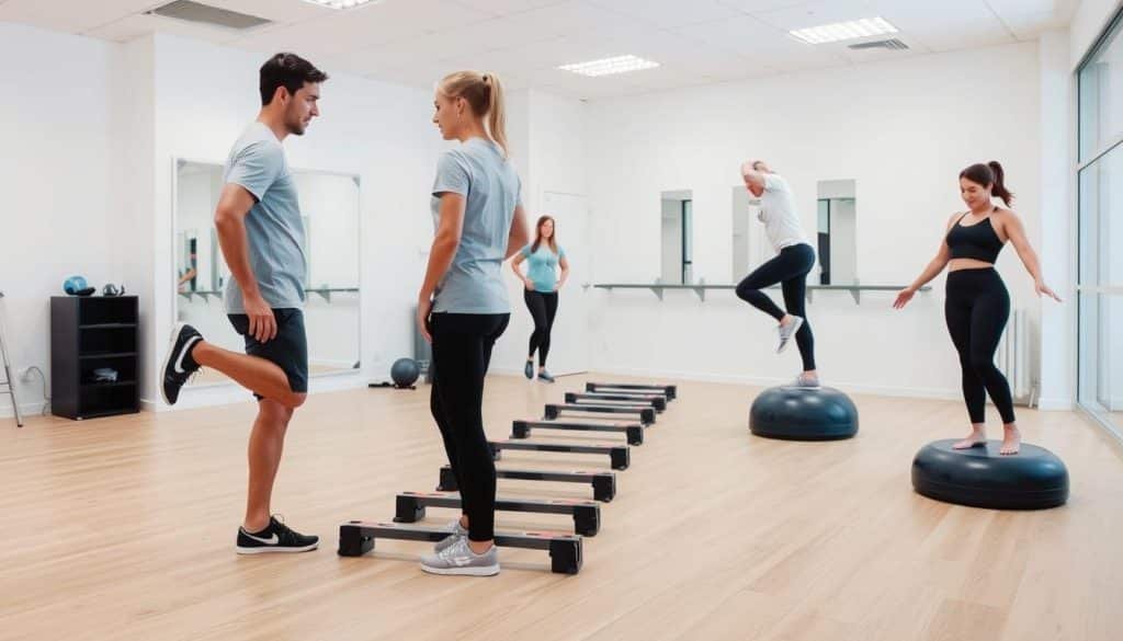 A group of people performing various coordination exercises in a well-lit, modern sports therapy clinic. In the foreground, two individuals stand facing each other, one balancing on one leg while the other guides their movements. In the middle ground, a person navigates a series of agility ladders, their feet stepping with precision. In the background, a person balances on a BOSU ball, their core engaged as they shift their weight side to side. The atmosphere is one of focused concentration and therapeutic rehabilitation, with clean lines, neutral colors, and a sense of movement and progression.