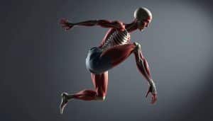 A high-contrast, detailed anatomical illustration of an athlete's musculoskeletal system, captured in a dynamic, action-oriented pose. Meticulously rendered muscle groups, tendons, and skeletal structure are illuminated by dramatic studio lighting, casting long shadows and emphasizing the complex biomechanics at work. The figure is positioned in a three-quarter view, with a clean, minimalist background that allows the subject to take center stage. The overall aesthetic evokes a sense of technical expertise and scientific precision, complementing the article's focus on sports therapy and musculoskeletal anatomy.
