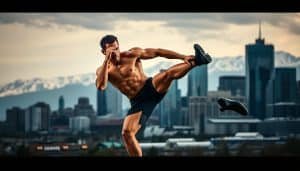 A high-performance athlete in motion, executing a dynamic exercise routine against the backdrop of the iconic Calgary skyline. Crisp, detailed lighting illuminates their muscular physique as they powerfully engage core and limb muscles. The cityscape provides an urban, industrial atmosphere, with a hint of the Rocky Mountains in the distance. The scene conveys an atmosphere of focus, determination, and the pursuit of athletic excellence - the essence of the Calgary athlete case studies.