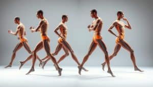 A high-resolution, detailed image showcasing the biomechanics of athletic movement patterns. Smooth, dynamic poses of athletic figures in motion, with a focus on the kinetic chain and efficient force transfer. Crisp, evenly-lit studio setting with a clean, clinical backdrop. Subjects captured at various angles to highlight key joint articulations and muscle activations. Emphasis on clean lines, optimal body positioning, and overall kinetic harmony. Muted color palette with subtle highlights to accentuate anatomical features. Technical, educational tone conveying the scientific principles of sports biomechanics.